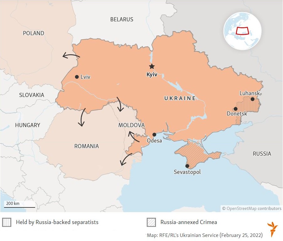 Map of Ukraine and neighbors -- Radio Free Europe / Radio Liberty -- February 25, 2022